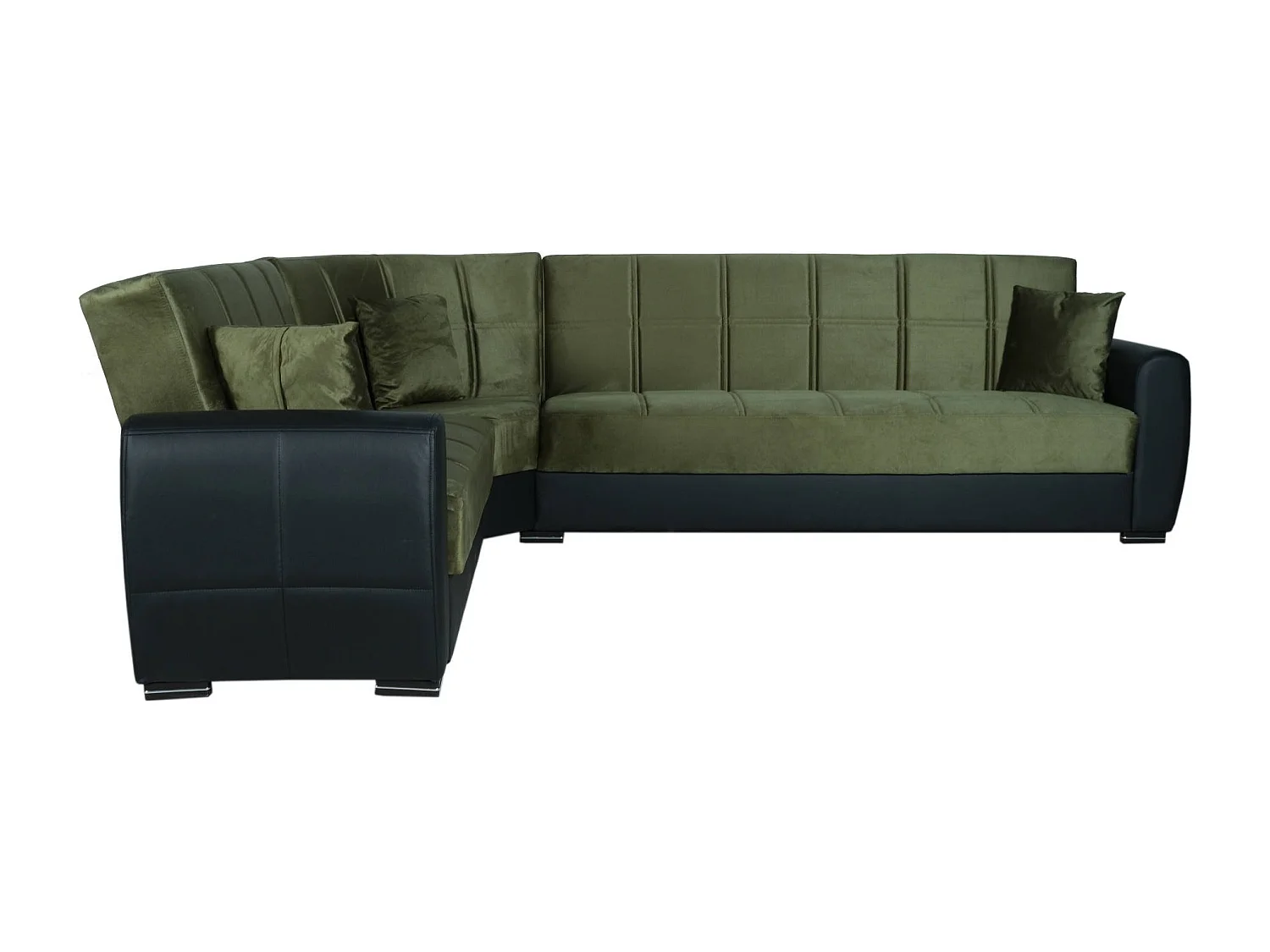 Canapé Matias, Canapé d'angle avec rangement en éco-cuir et tissu, Canapé de salon avec ouverture clic-clac et péninsule réversible, 305x238h91 cm, Noir et Vert