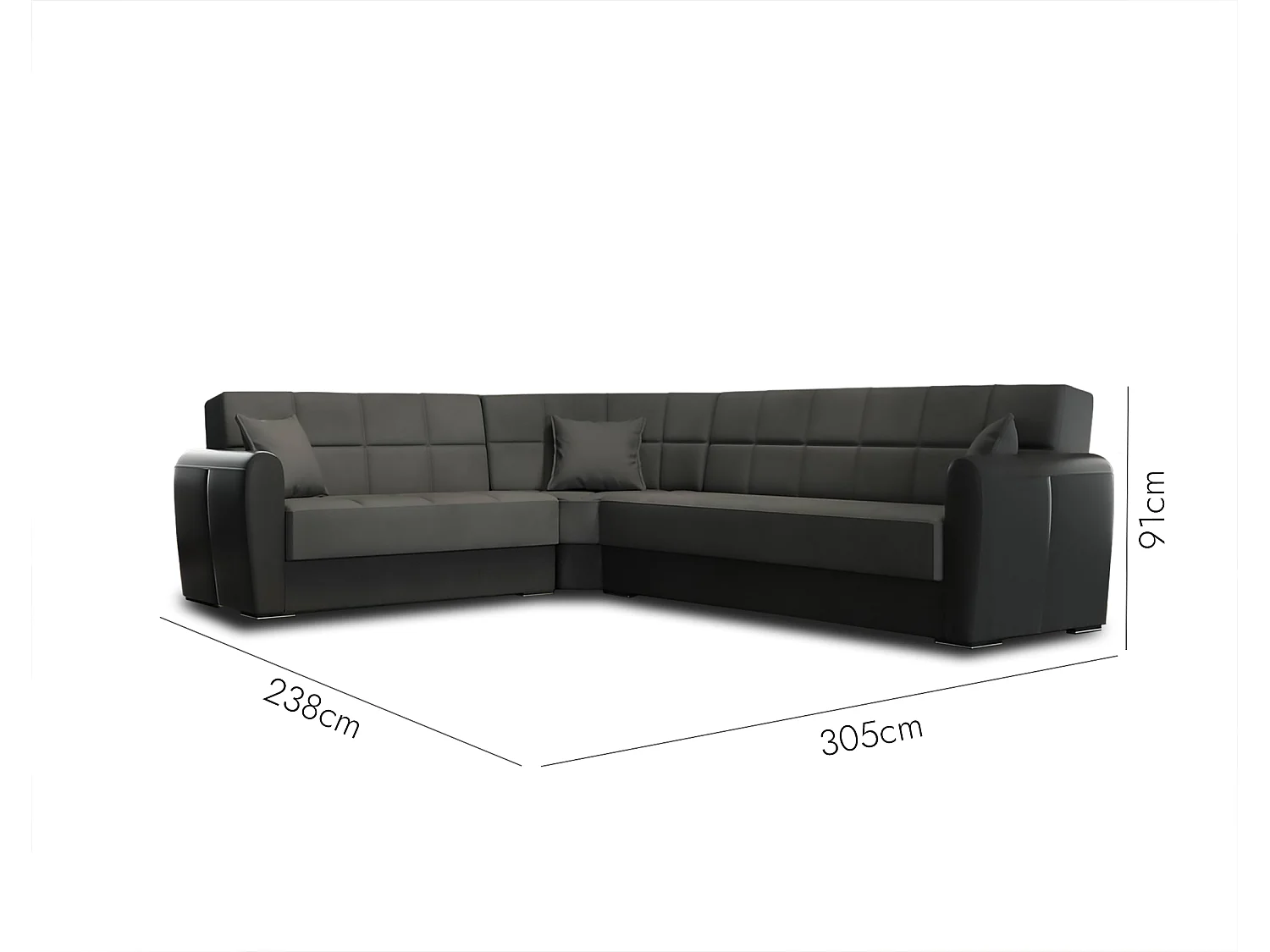 Canapé Matias, Canapé d'angle avec rangement en éco-cuir et tissu, Canapé de salon avec ouverture clic-clac et péninsule réversible, 305x238h91 cm, Noir et Vert