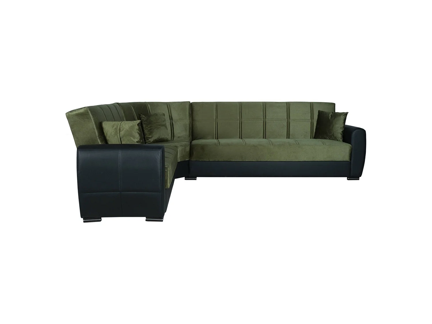 Divano letto con penisola Matias, Divano contenitore ad angolo in ecopelle e tessuto, Sofà con apertura click-clack, 305x238h91 cm, Nero e Verde