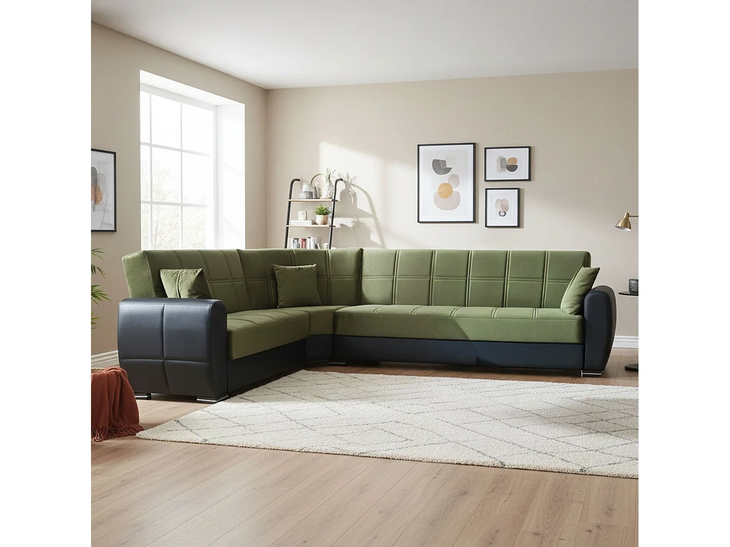Divano letto con penisola Matias, Divano contenitore ad angolo in ecopelle e tessuto, Sofà con apertura click-clack, 305x238h91 cm, Nero e Verde