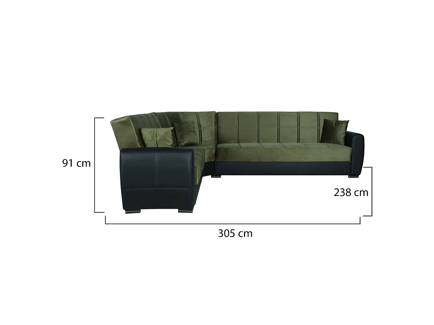 Divano letto con penisola Matias, Divano contenitore ad angolo in ecopelle e tessuto, Sofà con apertura click-clack, 305x238h91 cm, Nero e Verde
