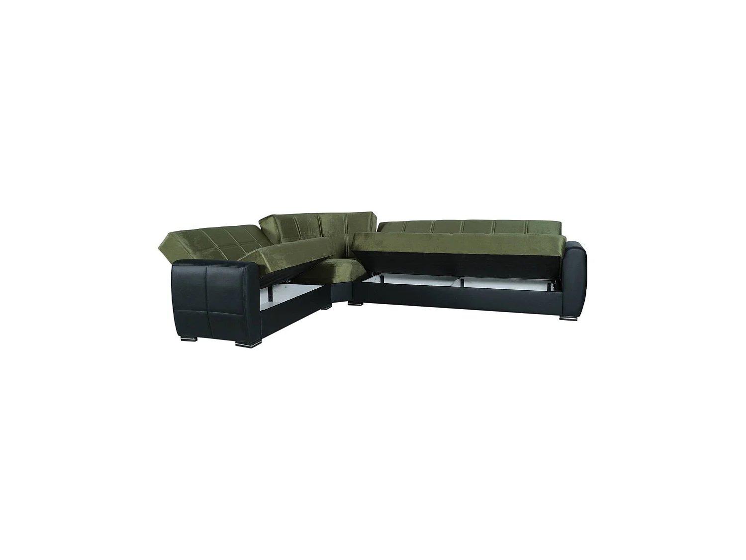 Divano letto con penisola Matias, Divano contenitore ad angolo in ecopelle e tessuto, Sofà con apertura click-clack, 305x238h91 cm, Nero e Verde