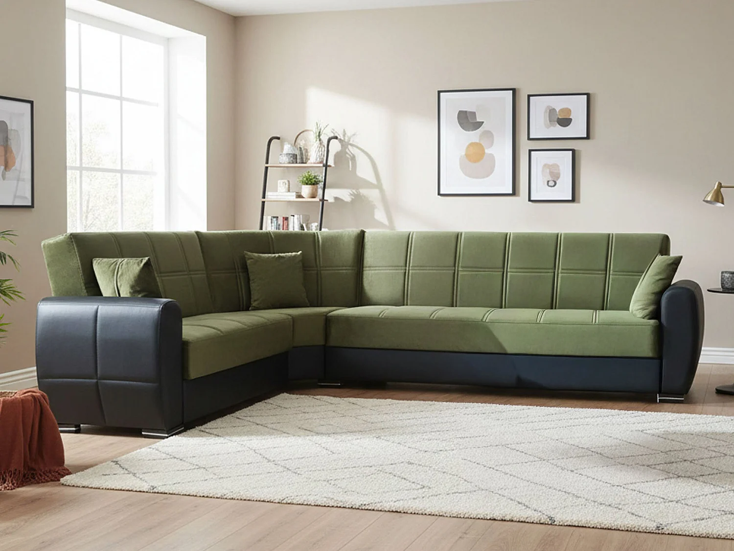 Canapé d'angle réversible convertible 4 places clic-clac avec rangement en cuir vert DGYTKJ
