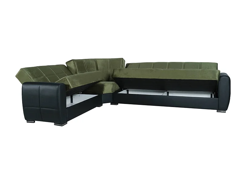 Canapé Matias, Canapé d'angle avec rangement en éco-cuir et tissu, Canapé de salon avec ouverture clic-clac et péninsule réversible, 305x238h91 cm, Noir et Vert