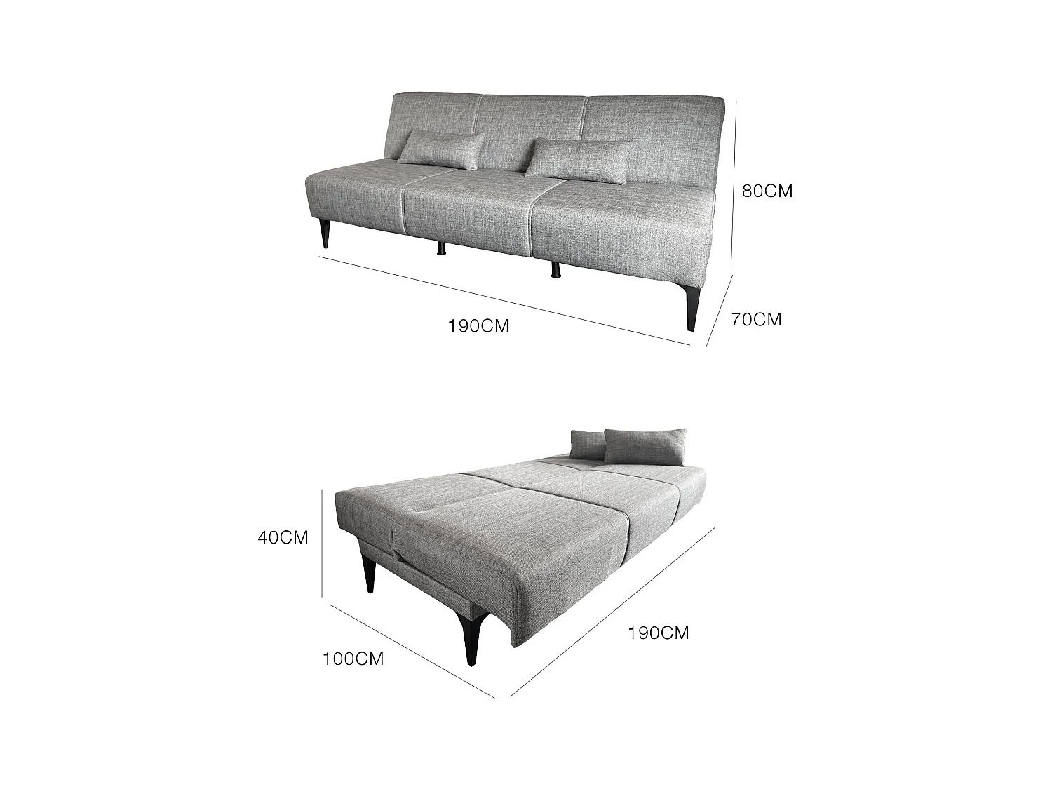 Canapé lit Hugo, Canapé lit en tissu, Canapé lit avec mécanisme d'ouverture par clic, Canapé lit avec coussins, 190x70h80 cm, Grey