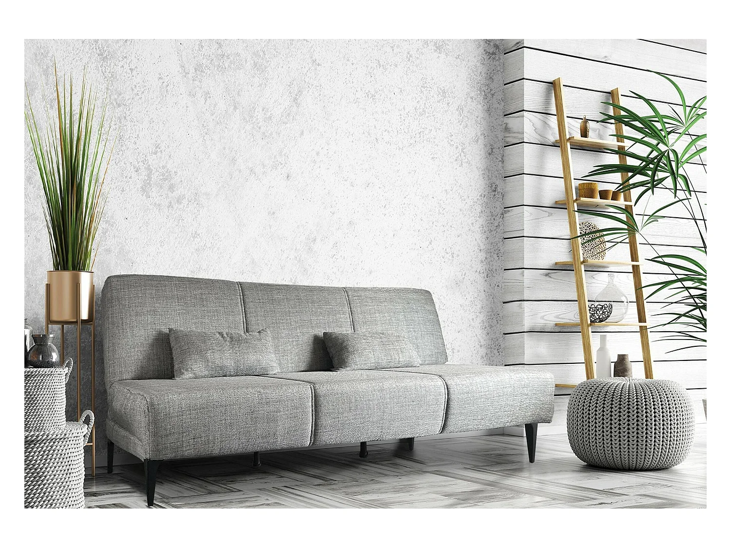 Canapé lit Hugo, Canapé lit en tissu, Canapé lit avec mécanisme d'ouverture par clic, Canapé lit avec coussins, 190x70h80 cm, Grey