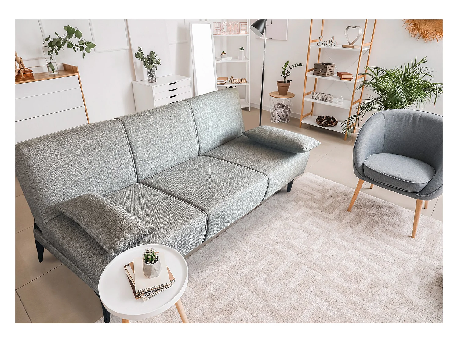 Canapé lit Hugo, Canapé lit en tissu, Canapé lit avec mécanisme d'ouverture par clic, Canapé lit avec coussins, 190x70h80 cm, Grey