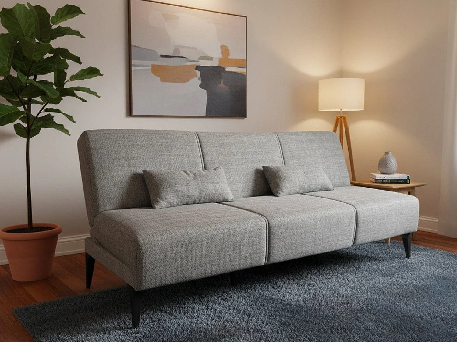 Sofá cama Hugo, Sofá cama de tecido, Sofá cama com abertura click-clack, Sofá cama com almofadas, 190x70h80 cm, Cinza