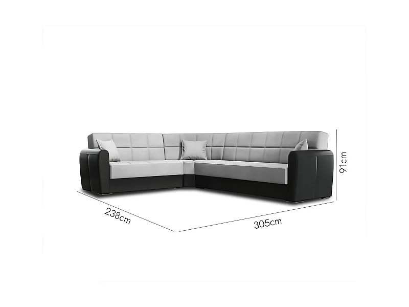 Canapé Matias, Canapé d'angle conteneur en éco-cuir et tissu, Canapé de salon avec ouverture clic-clac et péninsule réversible, 305x238h91 cm, Noir et Gris Clair