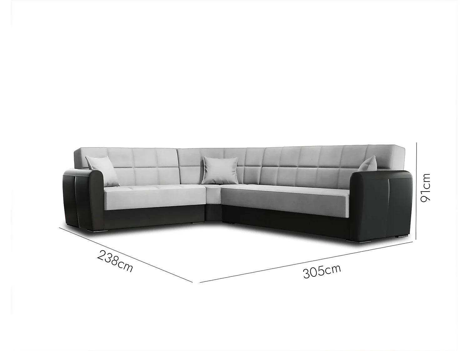 Canapé Matias, Canapé d'angle conteneur en éco-cuir et tissu, Canapé de salon avec ouverture clic-clac et péninsule réversible, 305x238h91 cm, Noir et Gris Clair
