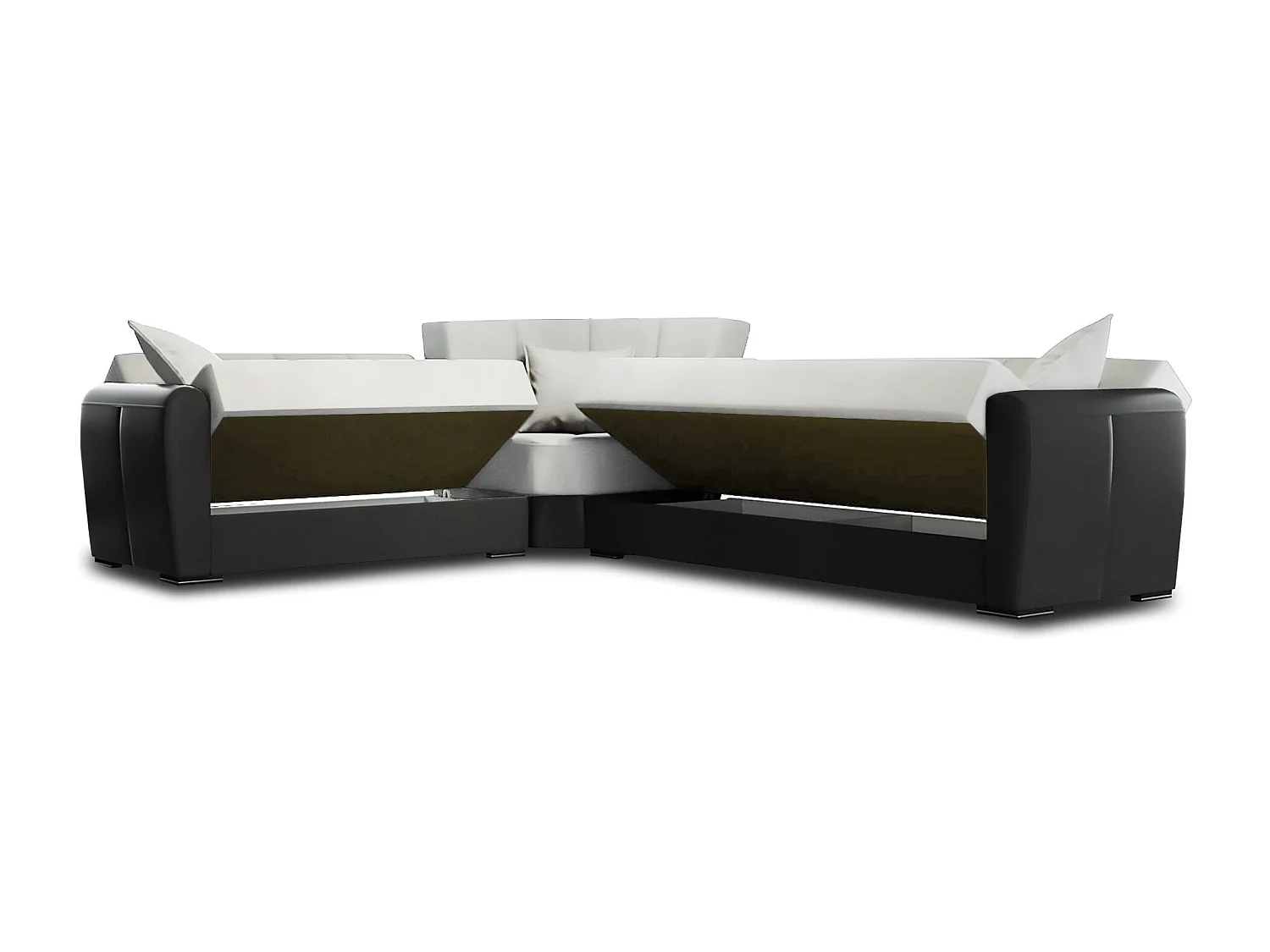 Canapé Matias, Canapé d'angle conteneur en éco-cuir et tissu, Canapé de salon avec ouverture clic-clac et péninsule réversible, 305x238h91 cm, Noir et Gris Clair