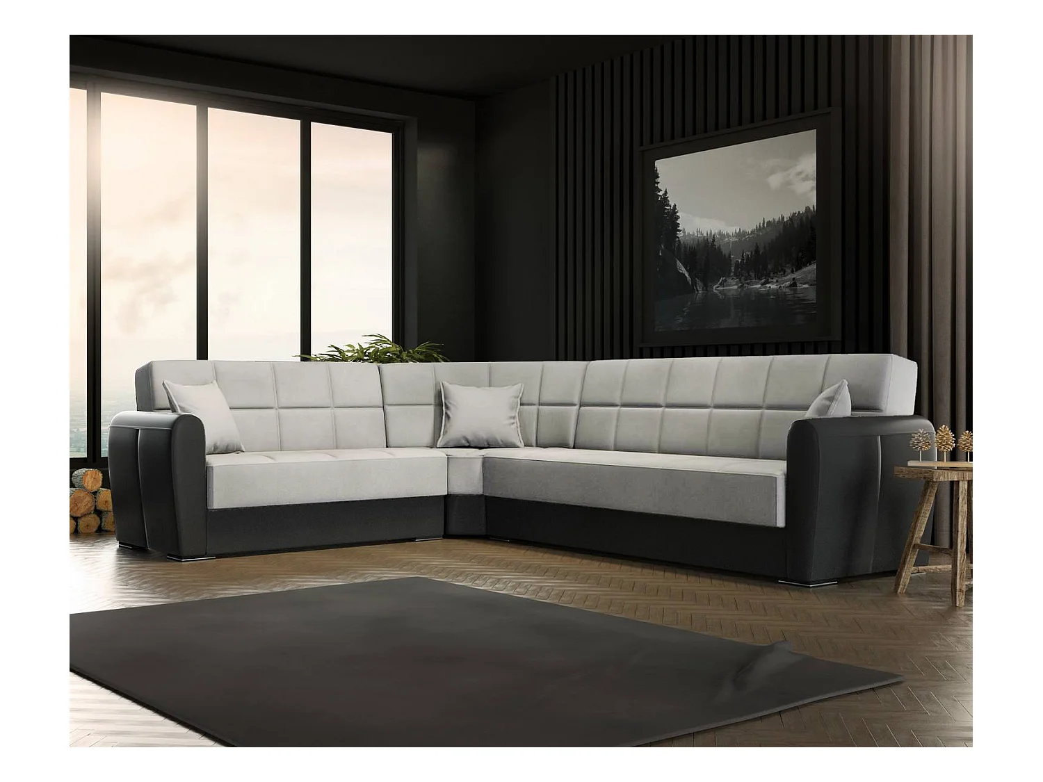 Canapé Matias, Canapé d'angle conteneur en éco-cuir et tissu, Canapé de salon avec ouverture clic-clac et péninsule réversible, 305x238h91 cm, Noir et Gris Clair