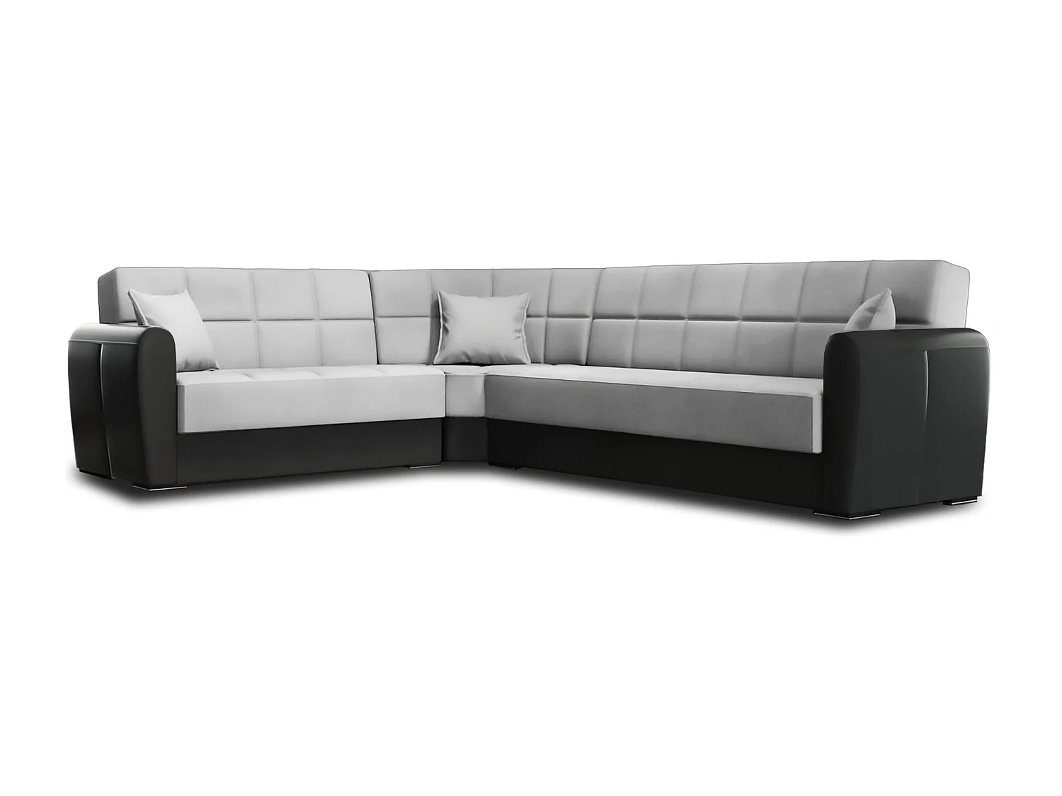 Canapé Matias, Canapé d'angle conteneur en éco-cuir et tissu, Canapé de salon avec ouverture clic-clac et péninsule réversible, 305x238h91 cm, Noir et Gris Clair