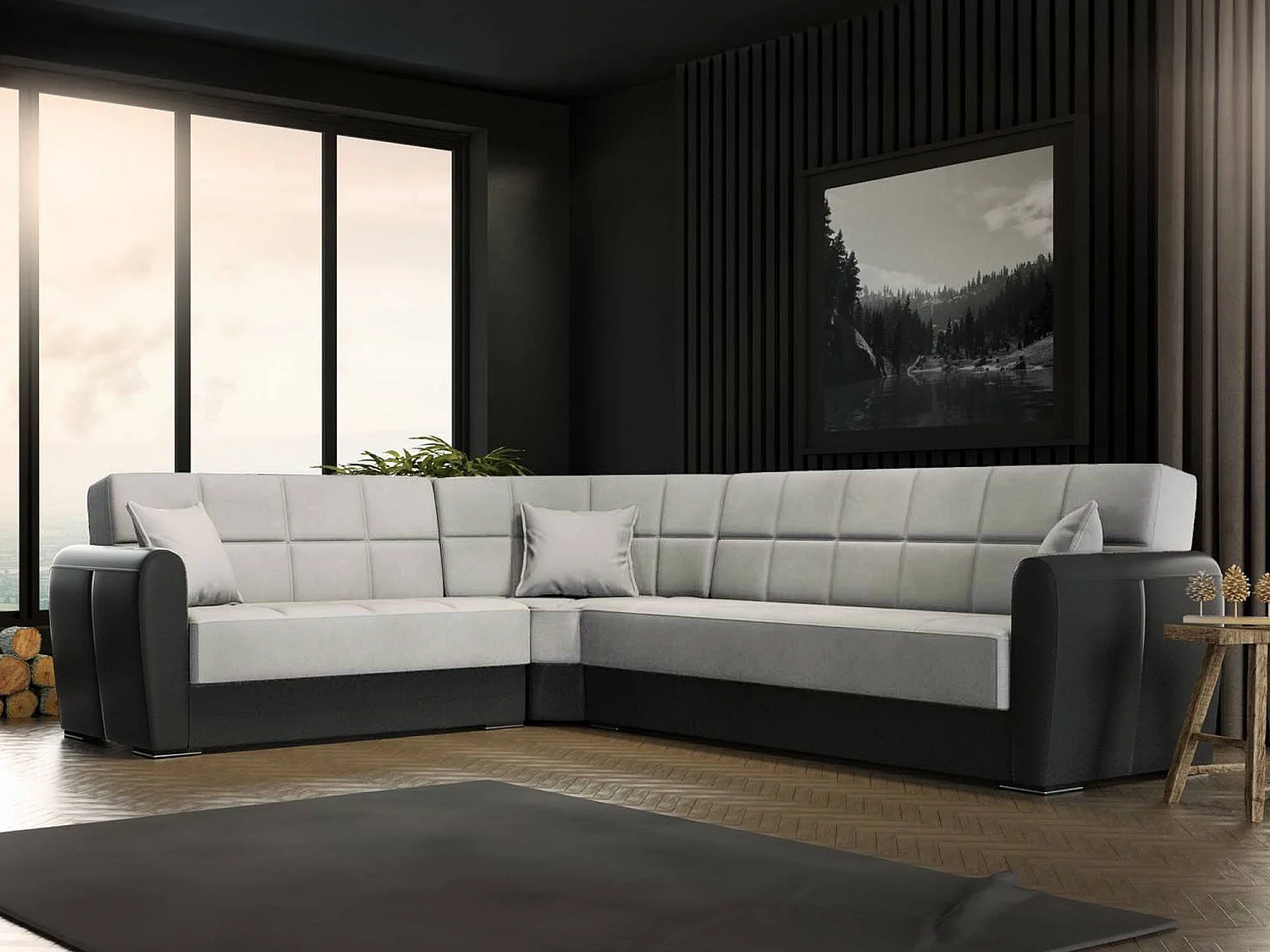 Canapé Matias, Canapé d'angle conteneur en éco-cuir et tissu, Canapé de salon avec ouverture clic-clac et péninsule réversible, 305x238h91 cm, Noir et Gris Clair