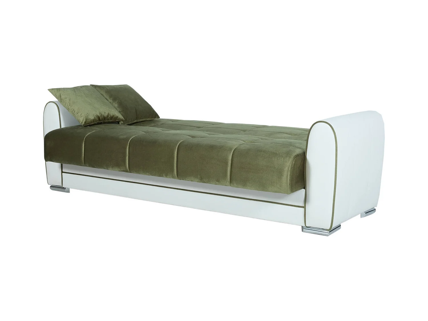Canapé Luis, Canapé conteneur 3 places en éco-cuir et tissu, Canapé de salon en tissu rembourré avec ouverture clic-clac, 220x84h91 cm, Blanc et Vert
