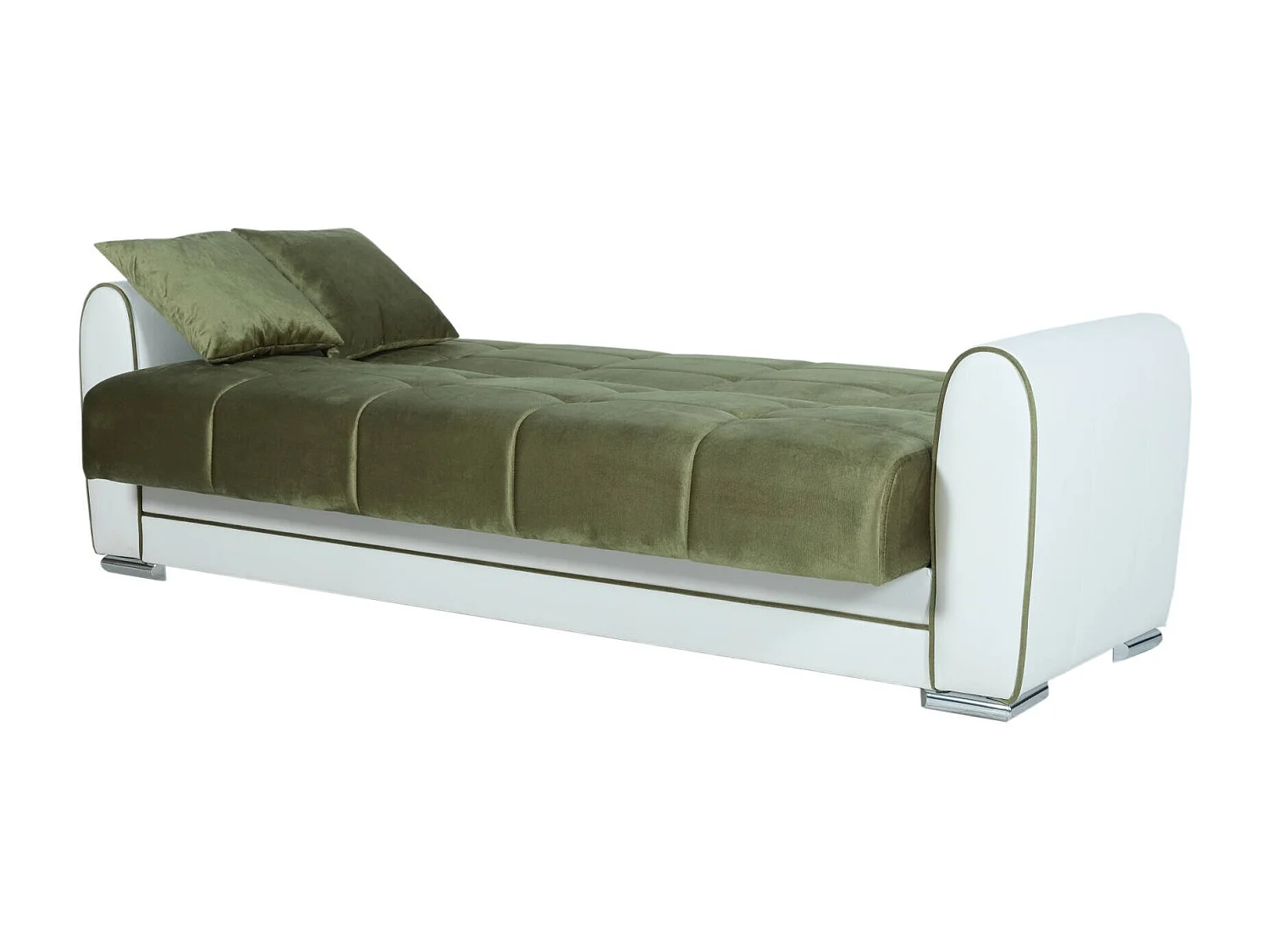 Divano Letto 3 posti Luis, Divano Contenitore in Ecopelle e Tessuto, Sofà da Soggiorno con Apertura Click-clack, 220x84h91 cm, Bianco e Verde