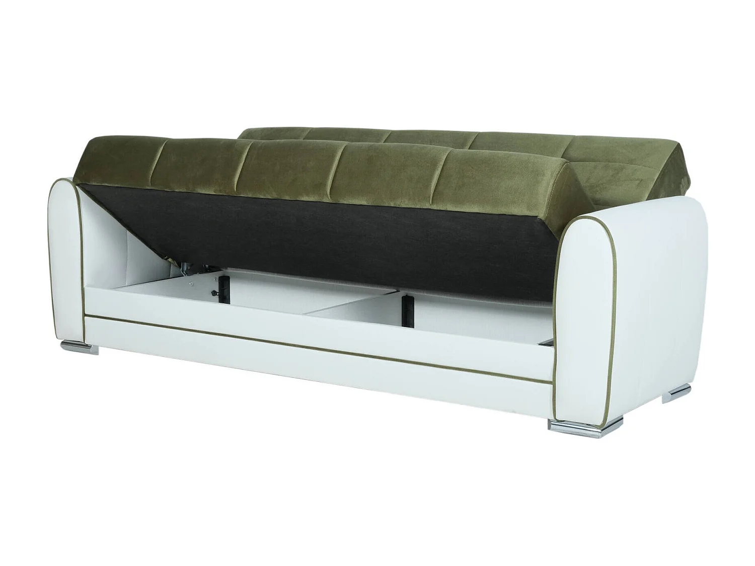 Divano Letto 3 posti Luis, Divano Contenitore in Ecopelle e Tessuto, Sofà da Soggiorno con Apertura Click-clack, 220x84h91 cm, Bianco e Verde