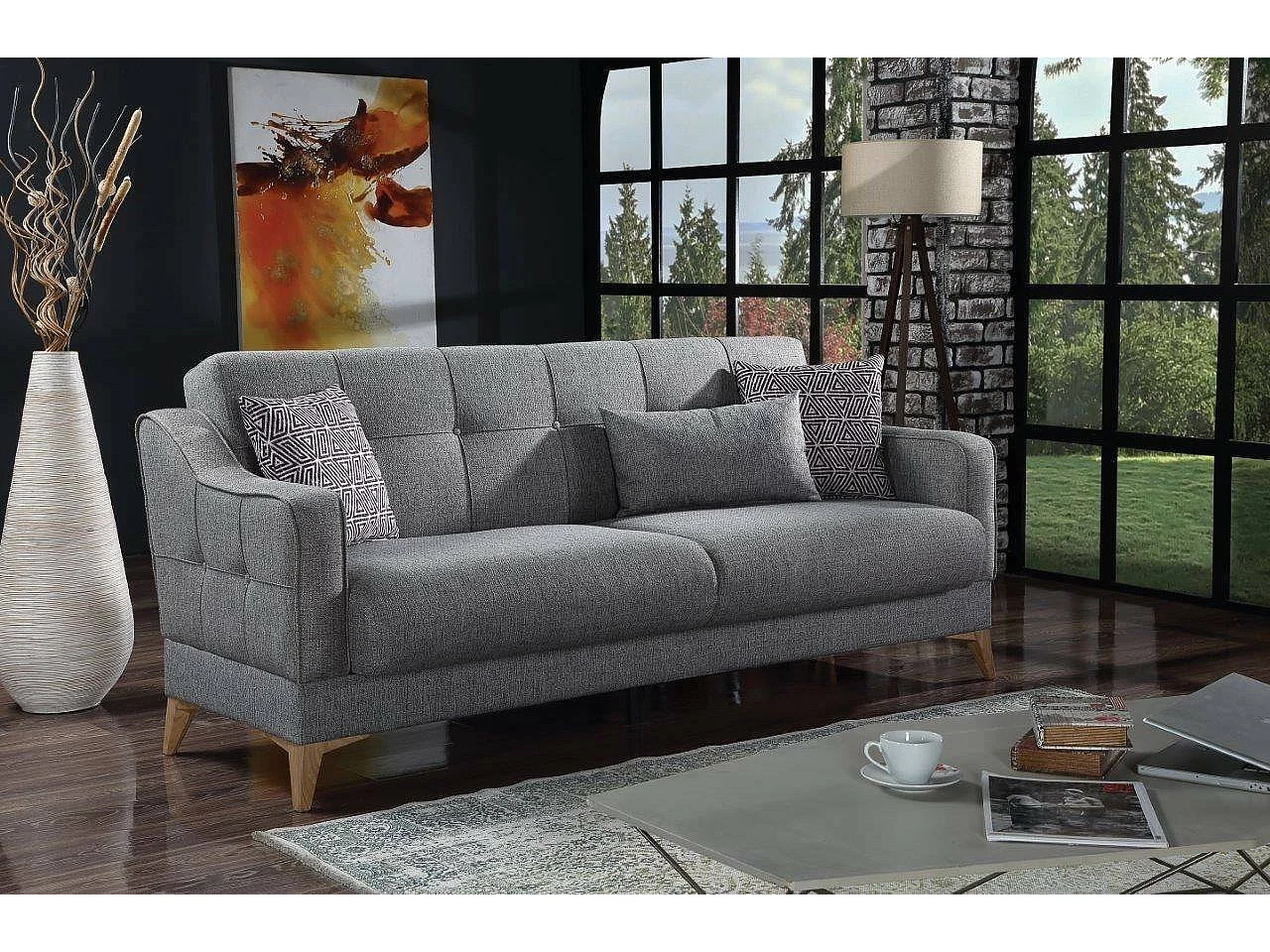 Canapé Juan, Canapé de rangement 3 places linéaire avec 3 coussins inclus, Canapé de salon en tissu rembourré avec ouverture clic-clac, 207x82xh92 cm, Gris