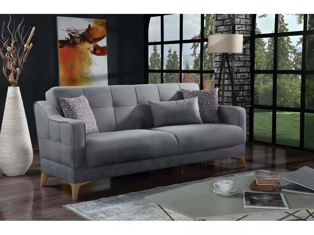 Kauf Unique Schlafsofa Juan, Lineares 3-Sitzer-Schlafsofa mit 3 Kissen inklusive, Wohnzimmersofa aus gepolstertem Stoff mit Klick-Klack-Öffnung, 207x82xh92 cm, grau