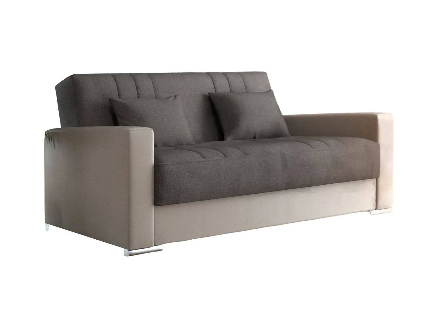 Canapé Sergio, Canapé conteneur 3 places en éco-cuir et tissu, Canapé de salon avec ouverture clic-clac et 2 coussins inclus, 230x96h101 cm, Beige et Gris