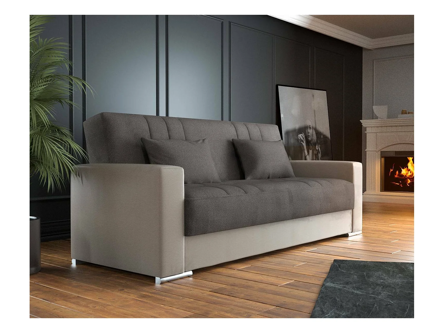 Sofá cama Sergio, Sofá cama contenedor 3 plazas en ecopiel y tela, Sofá de salón con apertura click-clac y 2 cojines incluidos, 230x96h101 cm, Beige y Gris