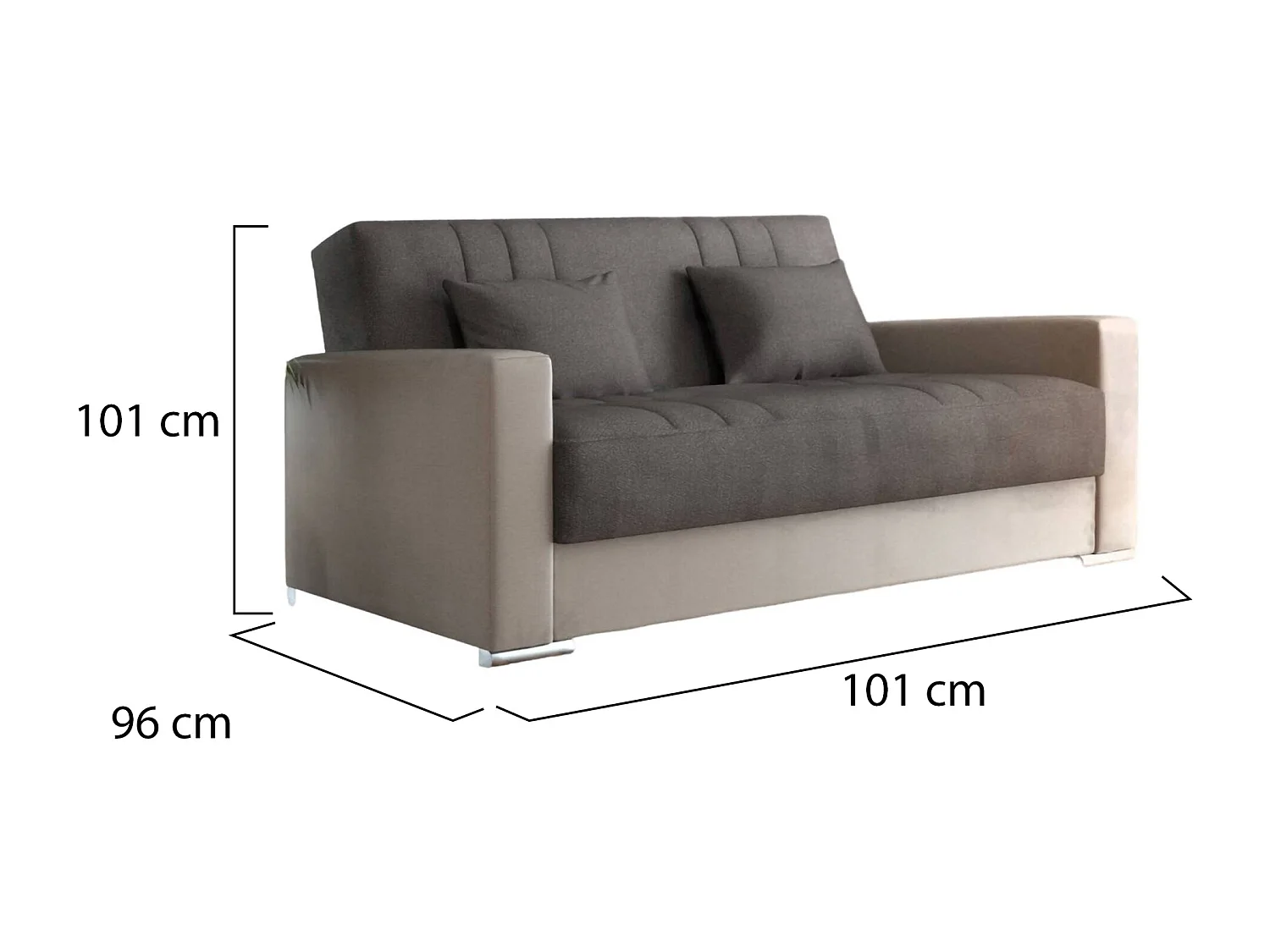 Canapé Sergio, Canapé conteneur 3 places en éco-cuir et tissu, Canapé de salon avec ouverture clic-clac et 2 coussins inclus, 230x96h101 cm, Beige et Gris