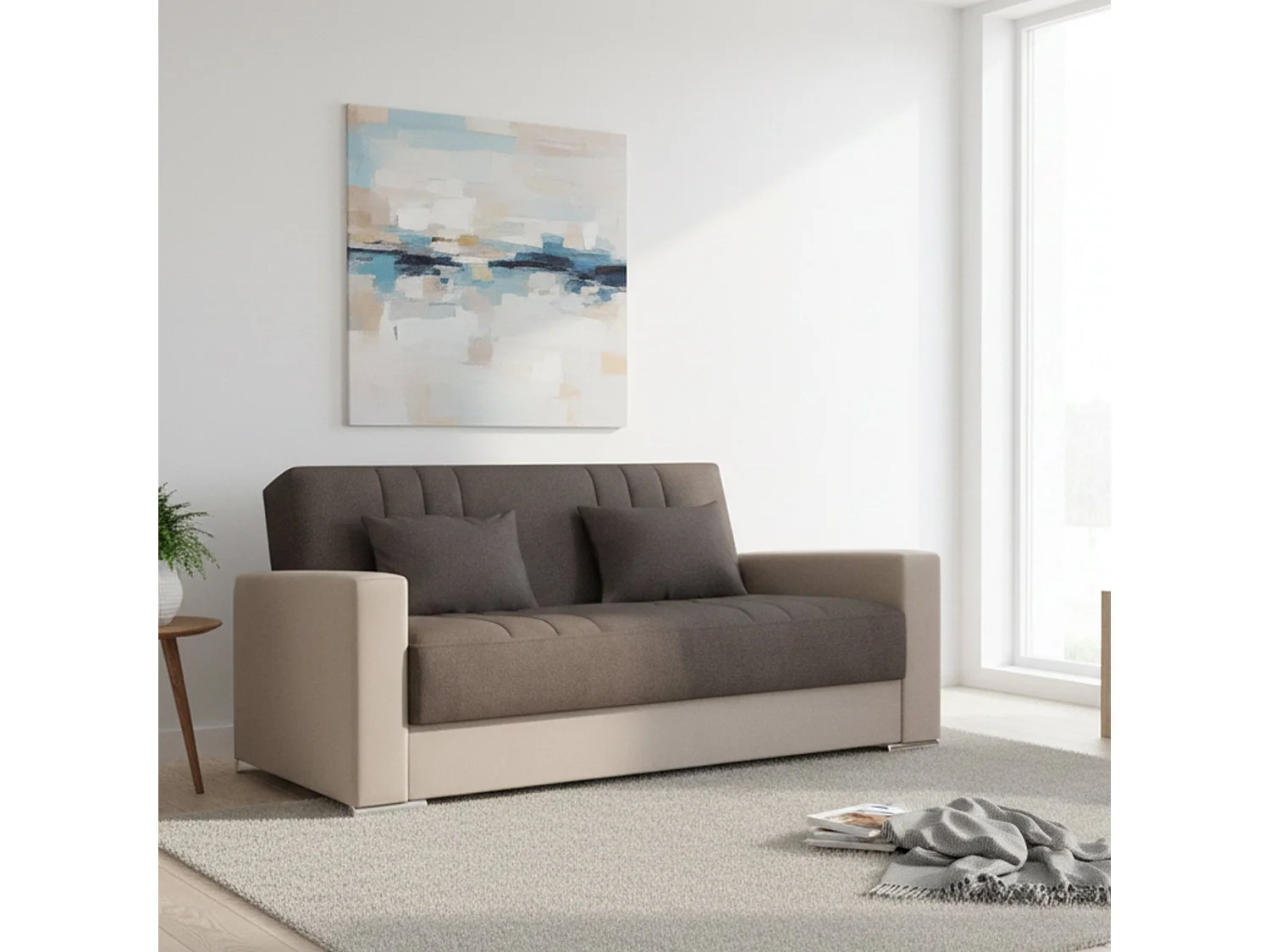 Canapé Sergio, Canapé conteneur 3 places en éco-cuir et tissu, Canapé de salon avec ouverture clic-clac et 2 coussins inclus, 230x96h101 cm, Beige et Gris