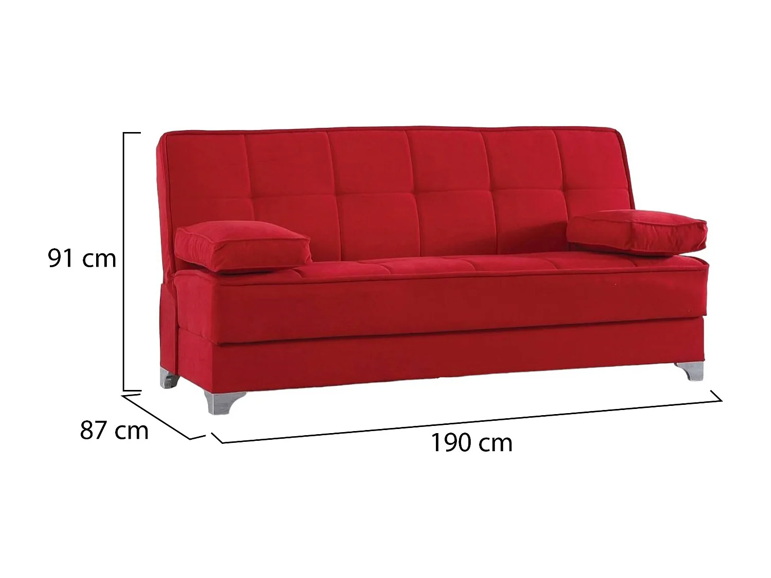 Sofá cama Carlos, Sofá cama con almacenaje lineal con 2 cojines incluidos, Sofá de salón en tela acolchada con apertura clic-clac, 190x87xh91 cm, Rojo