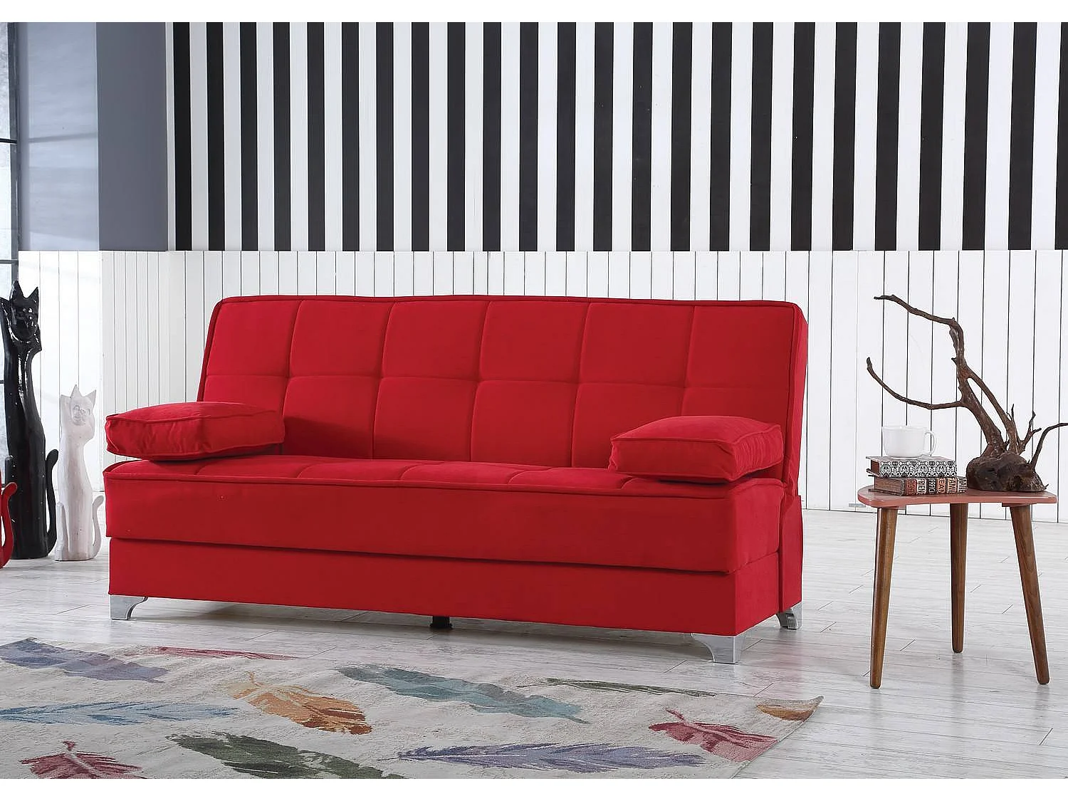 Canapé Carlos, Canapé à rangement linéaire avec 2 coussins inclus, Canapé de salon en tissu rembourré avec ouverture clic-clac, 190x87xh91 cm, Rouge