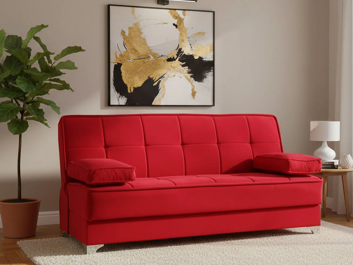 Canapé convertible clic-clac 3 places avec rangement en tissu rouge CARLOS 91cm