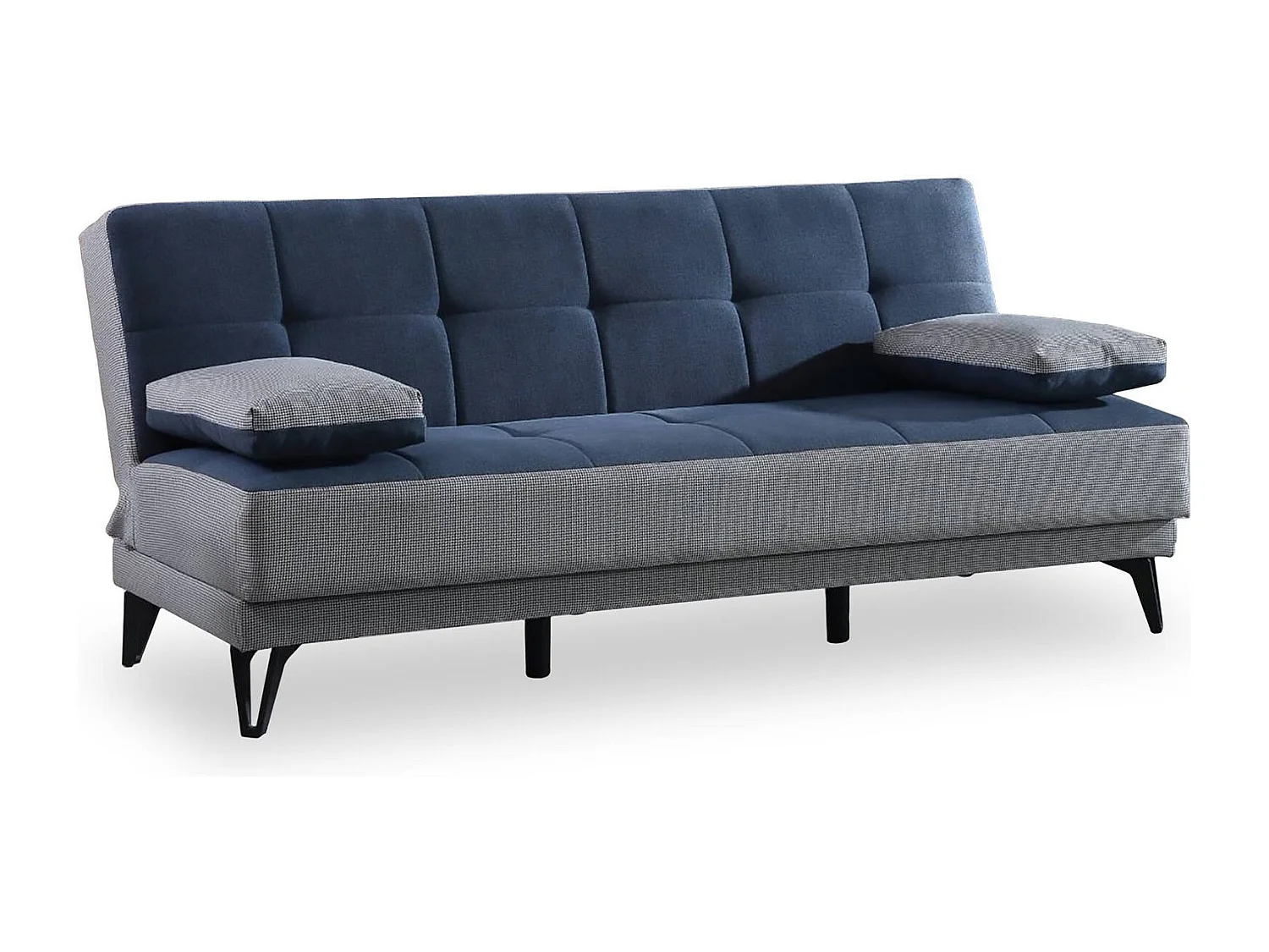 Sofá cama Jordi, sofá cama de 3 lugares com pés de metal preto, Sofá da sala em tecido acolchoado com abertura click-clack, 190x87h97 cm, Cinza e Azul