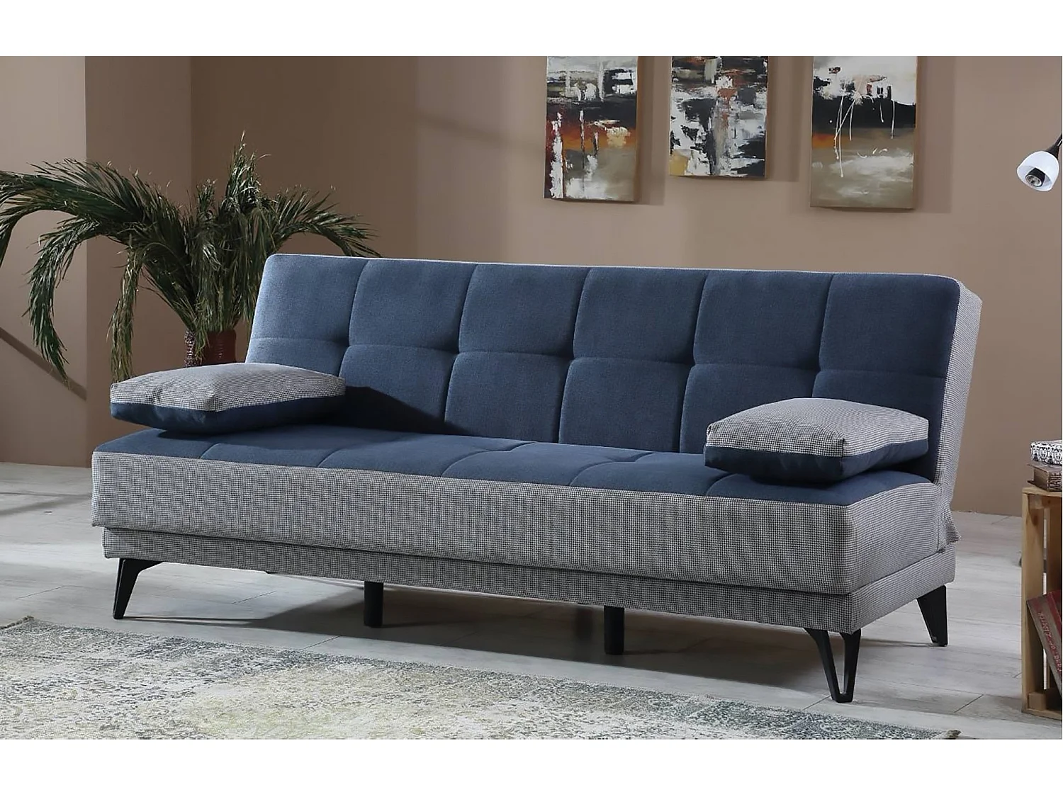 Sofá cama Jordi, sofá cama de 3 lugares com pés de metal preto, Sofá da sala em tecido acolchoado com abertura click-clack, 190x87h97 cm, Cinza e Azul