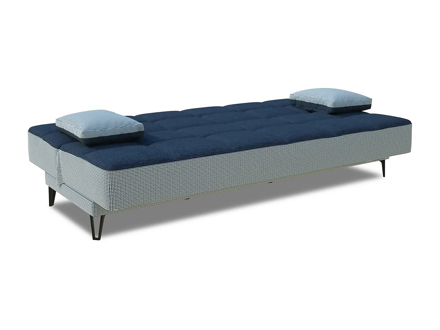 Sofá cama Jordi, sofá cama de 3 lugares com pés de metal preto, Sofá da sala em tecido acolchoado com abertura click-clack, 190x87h97 cm, Cinza e Azul