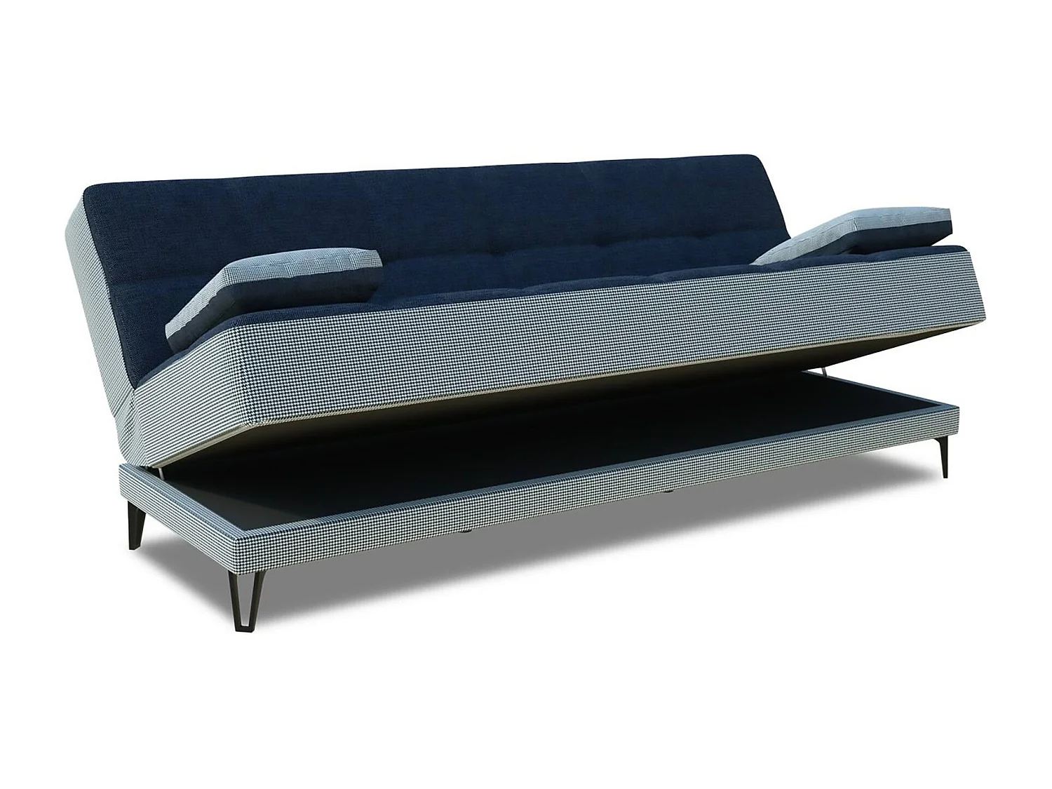 Sofá cama Jordi, sofá cama de 3 lugares com pés de metal preto, Sofá da sala em tecido acolchoado com abertura click-clack, 190x87h97 cm, Cinza e Azul