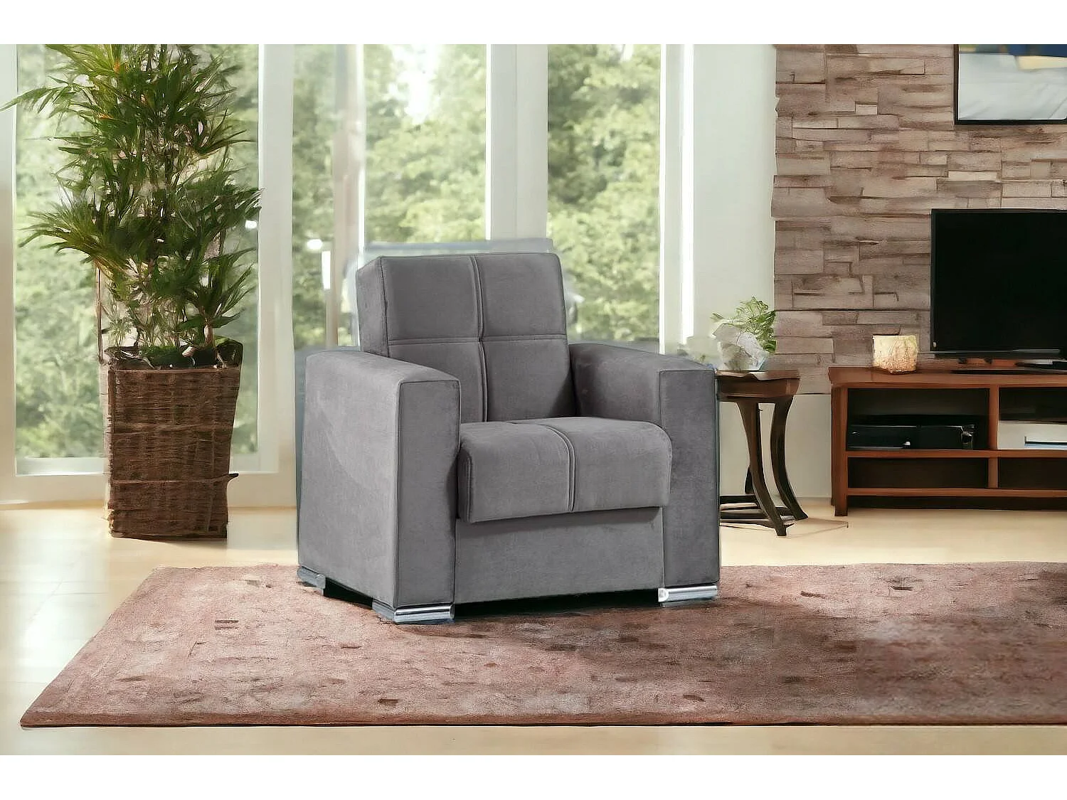 Schlafsofa Jose, Container-Sessel für Wohnzimmer, umwandelbar in Bett, Relax-Sessel aus gepolstertem Stoff mit Klick-Klick-Ã–ffnung, 94x85h91 cm, Grau