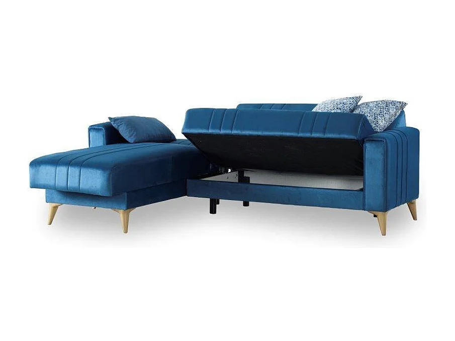 Canapé Miguel, Canapé d'angle rangement avec 3 coussins inclus, Canapé en tissu rembourré avec ouverture clic-clac, avec péninsule réversible, 225x151h84 cm, Bleu