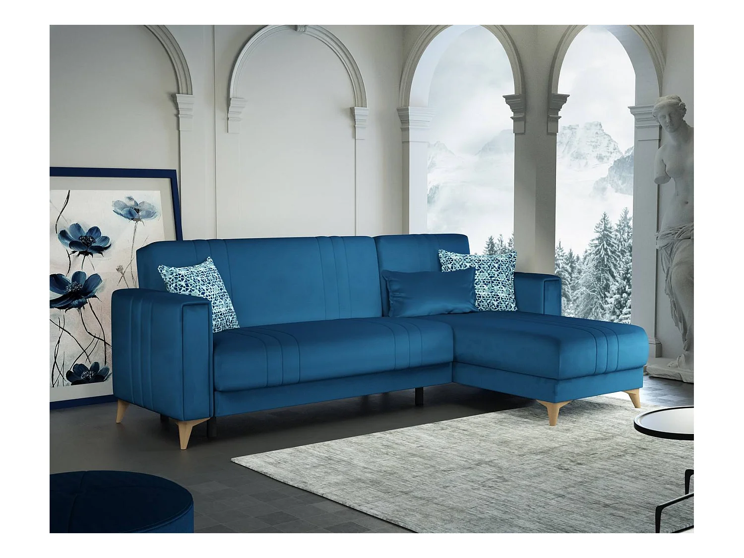 Canapé Miguel, Canapé d'angle rangement avec 3 coussins inclus, Canapé en tissu rembourré avec ouverture clic-clac, avec péninsule réversible, 225x151h84 cm, Bleu