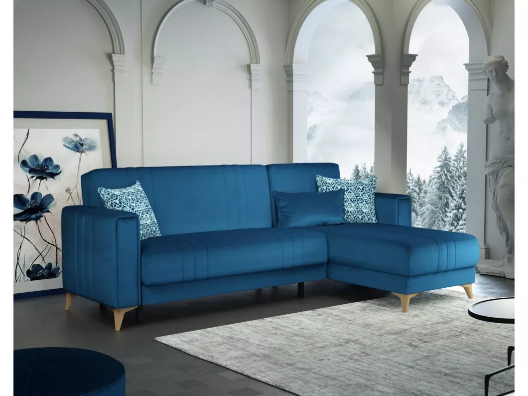 Kauf Unique Schlafsofa Miguel, Eckschlafsofa mit 3 Kissen inklusive, Gepolstertes Stoffsofa mit Klick-Klack-Öffnung, mit umkehrbarer Halbinsel, 225x151h84 cm, Blau