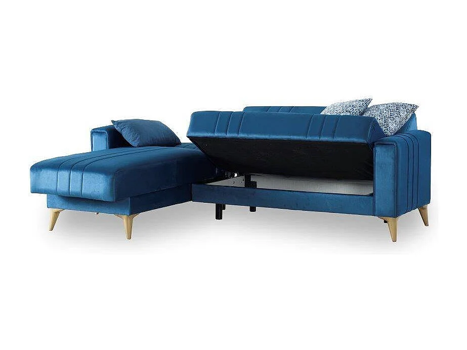 Canapé miguel, canapé d'angle rangement avec 3 coussins inclus, canapé en tissu rembourré avec ouverture clic-clac, avec péninsule réversible, 225x151h84 cm, bleu