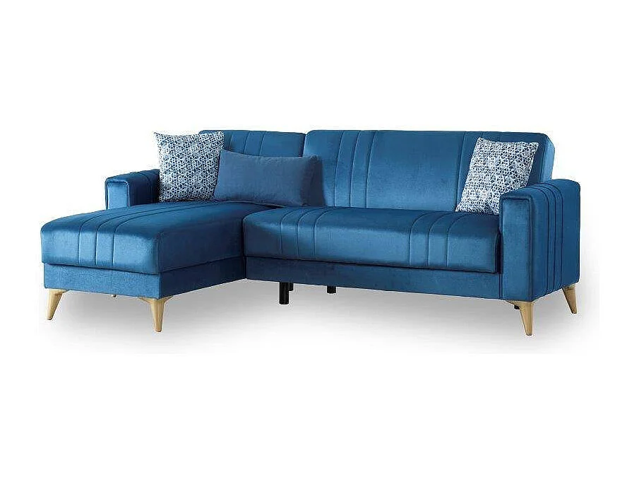 Canapé miguel, canapé d'angle rangement avec 3 coussins inclus, canapé en tissu rembourré avec ouverture clic-clac, avec péninsule réversible, 225x151h84 cm, bleu