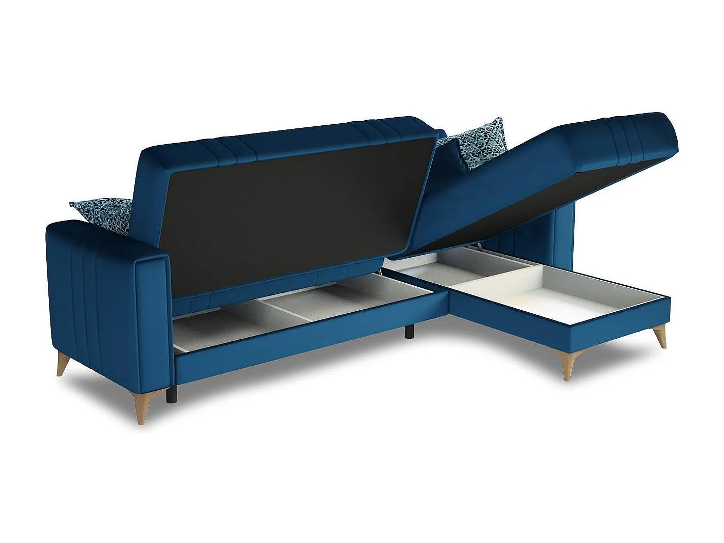 Canapé miguel, canapé d'angle rangement avec 3 coussins inclus, canapé en tissu rembourré avec ouverture clic-clac, avec péninsule réversible, 225x151h84 cm, bleu