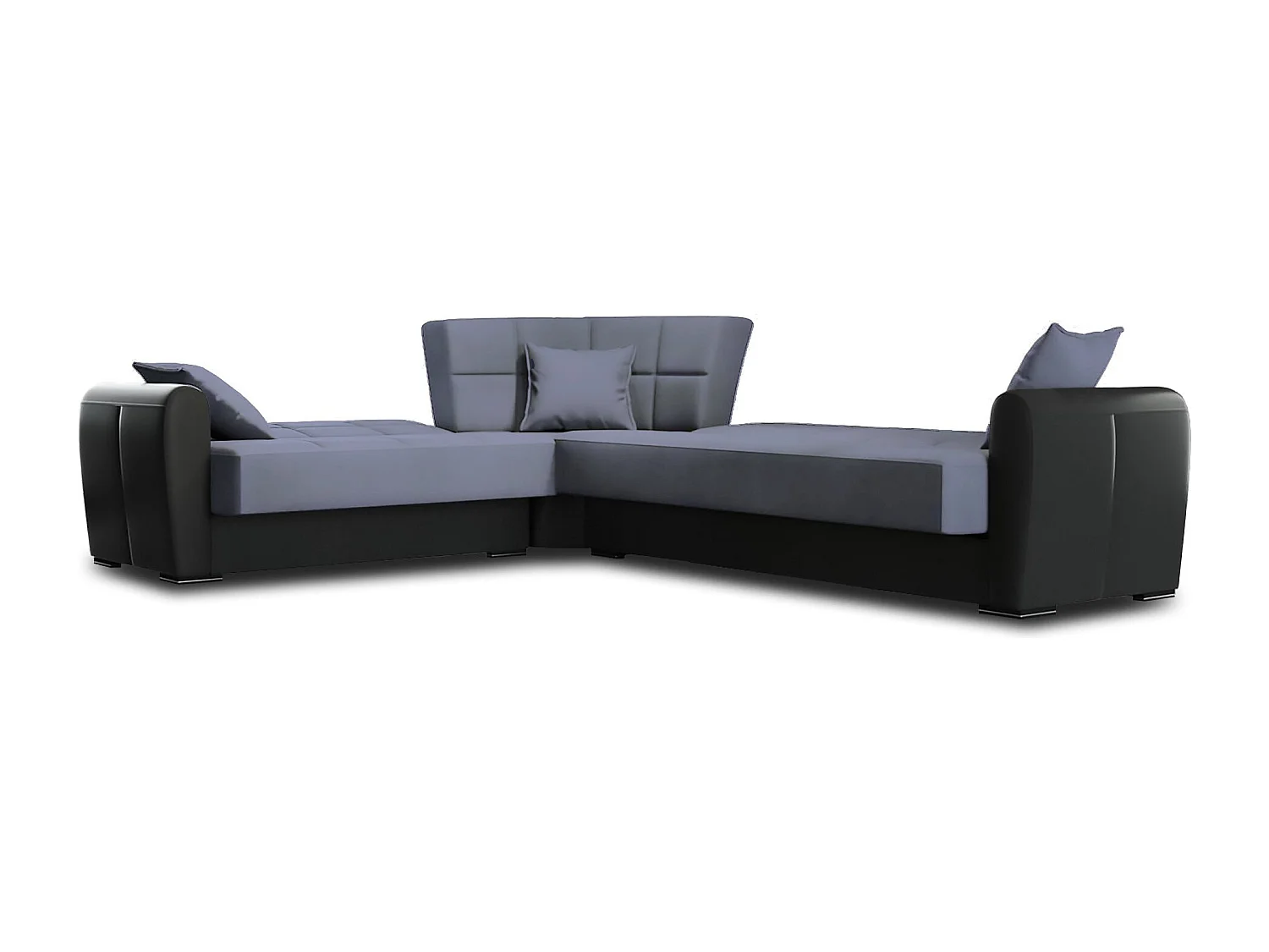 Canapé Matias, Canapé d'angle conteneur en éco-cuir et tissu, Canapé de salon avec ouverture clic-clac et péninsule réversible, 305x238h91 cm, Noir et Gris