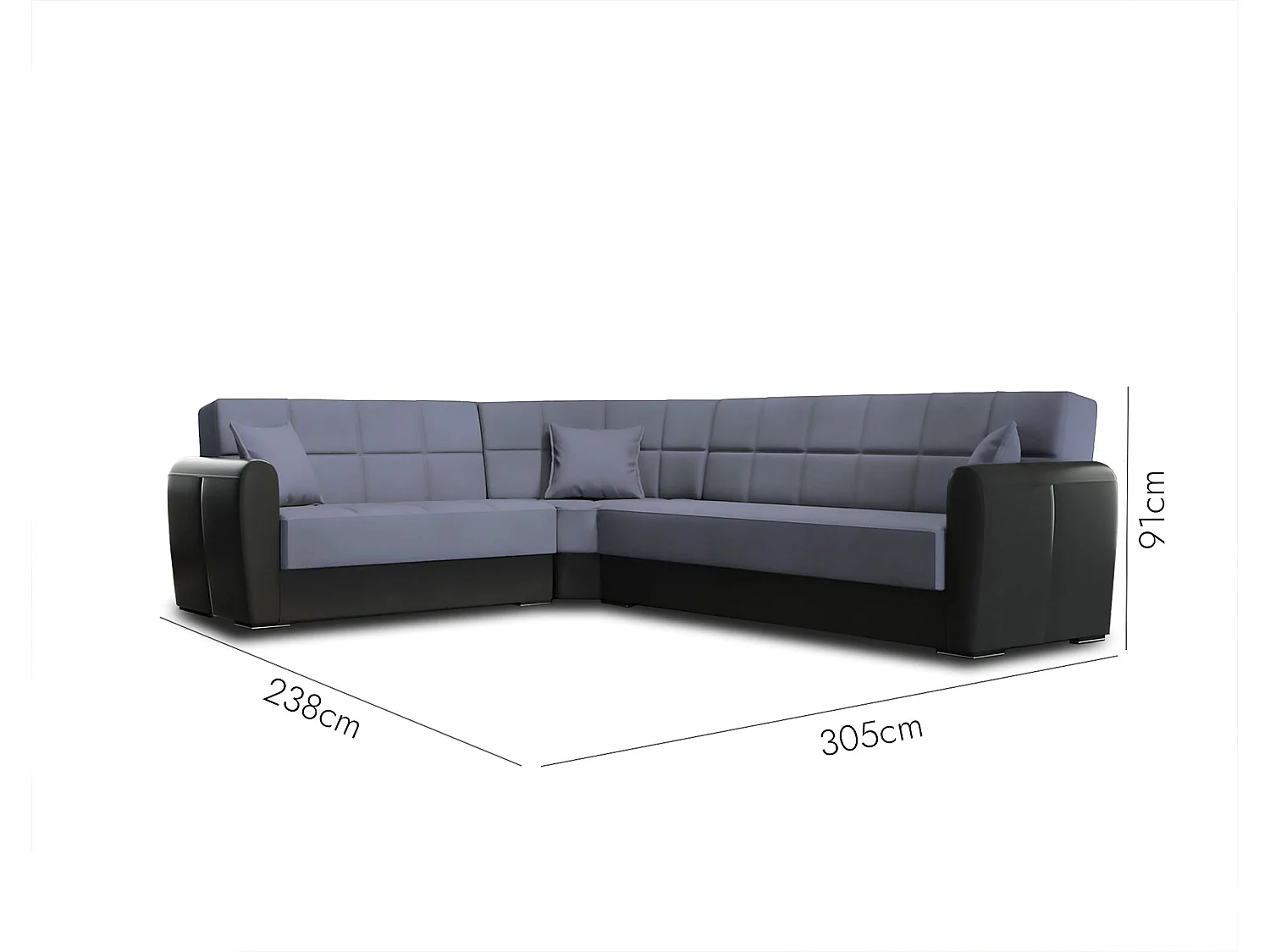 Sofá cama Matias, Sofá cama rinconera contenedor en ecopiel y tejido, Sofá de salón con apertura clic-clac y península reversible, 305x238h91 cm, Negro y Gris