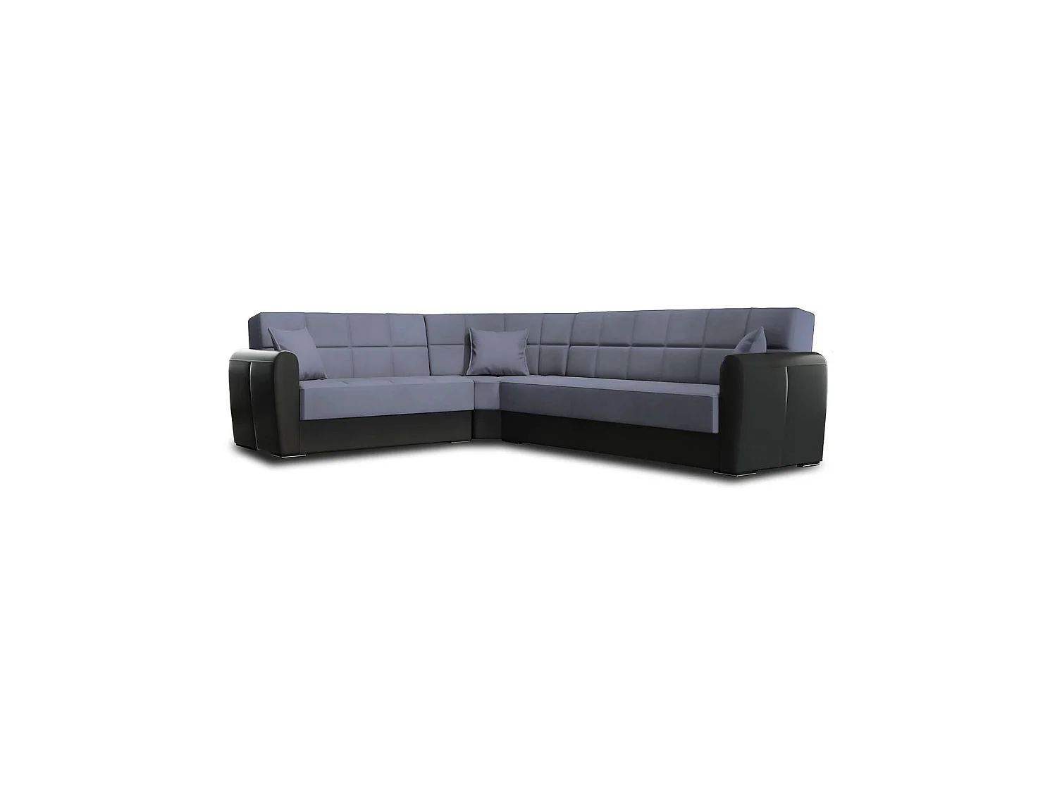 Canapé Matias, Canapé d'angle conteneur en éco-cuir et tissu, Canapé de salon avec ouverture clic-clac et péninsule réversible, 305x238h91 cm, Noir et Gris
