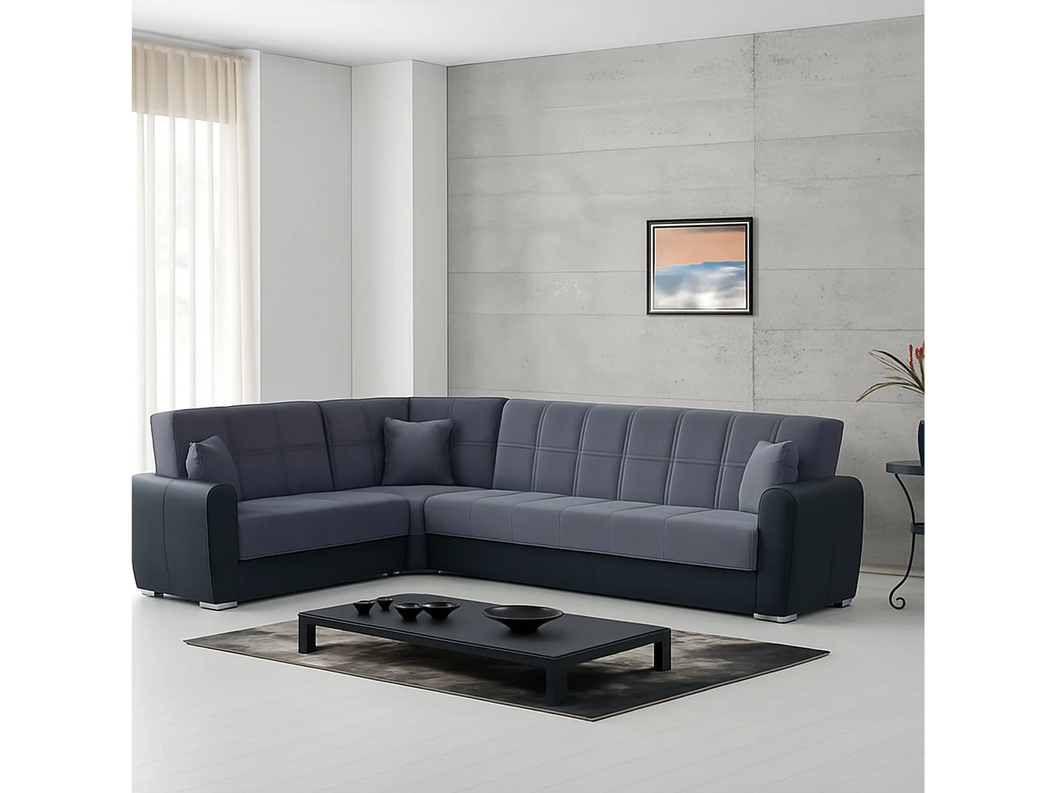 Canapé Matias, Canapé d'angle conteneur en éco-cuir et tissu, Canapé de salon avec ouverture clic-clac et péninsule réversible, 305x238h91 cm, Noir et Gris