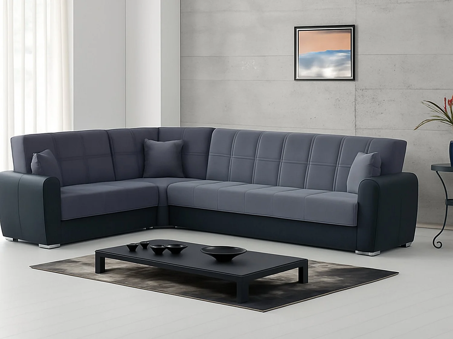 Canapé Matias, Canapé d'angle conteneur en éco-cuir et tissu, Canapé de salon avec ouverture clic-clac et péninsule réversible, 305x238h91 cm, Noir et Gris