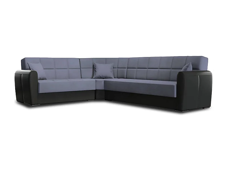 Divano letto con penisola Matias, Divano contenitore ad angolo in ecopelle e tessuto, Sofà con apertura click-clack, 305x238h91 cm, Nero e Grigio