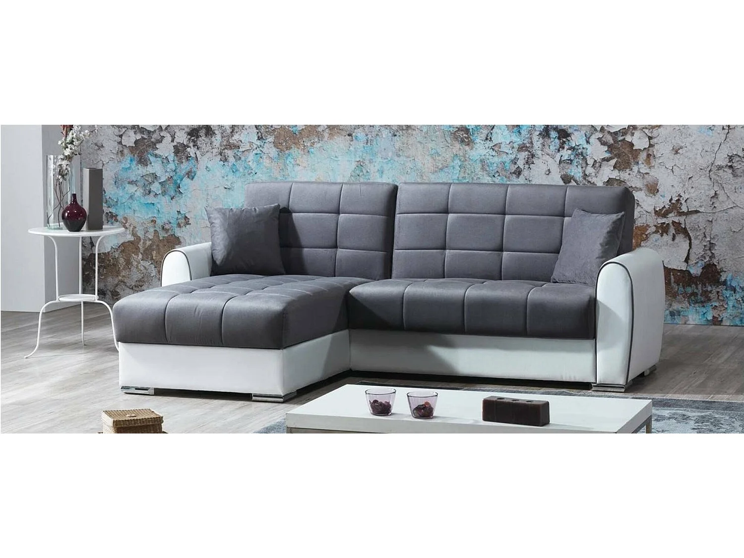 Sofá-cama Jesus, Sofá-cama container de canto em couro ecológico e tecido, Sofá com abertura click-clack e península reversível, 246x160h91 cm, Branco e Cinza