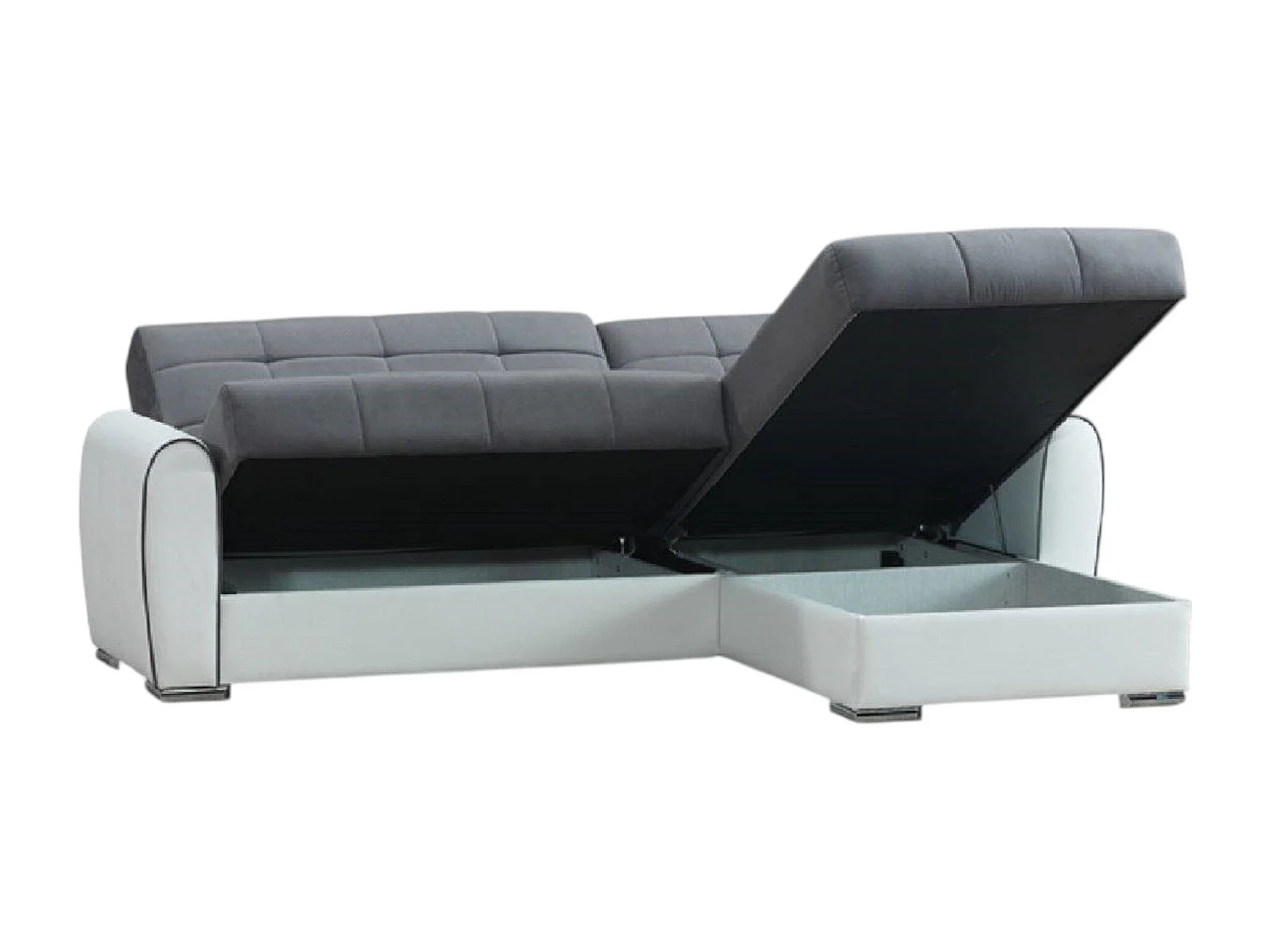 Sofá-cama Jesus, Sofá-cama container de canto em couro ecológico e tecido, Sofá com abertura click-clack e península reversível, 246x160h91 cm, Branco e Cinza
