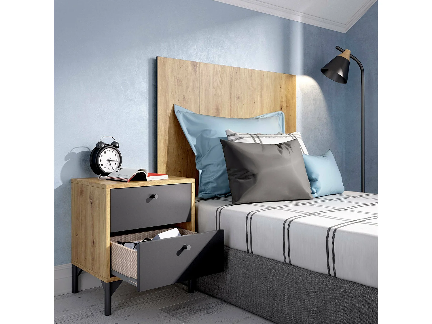 Tête de lit Colombine, Tête de lit pour chambre simple, Tête de lit pour lit simple avec 1 table de chevet, 99x3h61 cm, Chêne et Anthracite